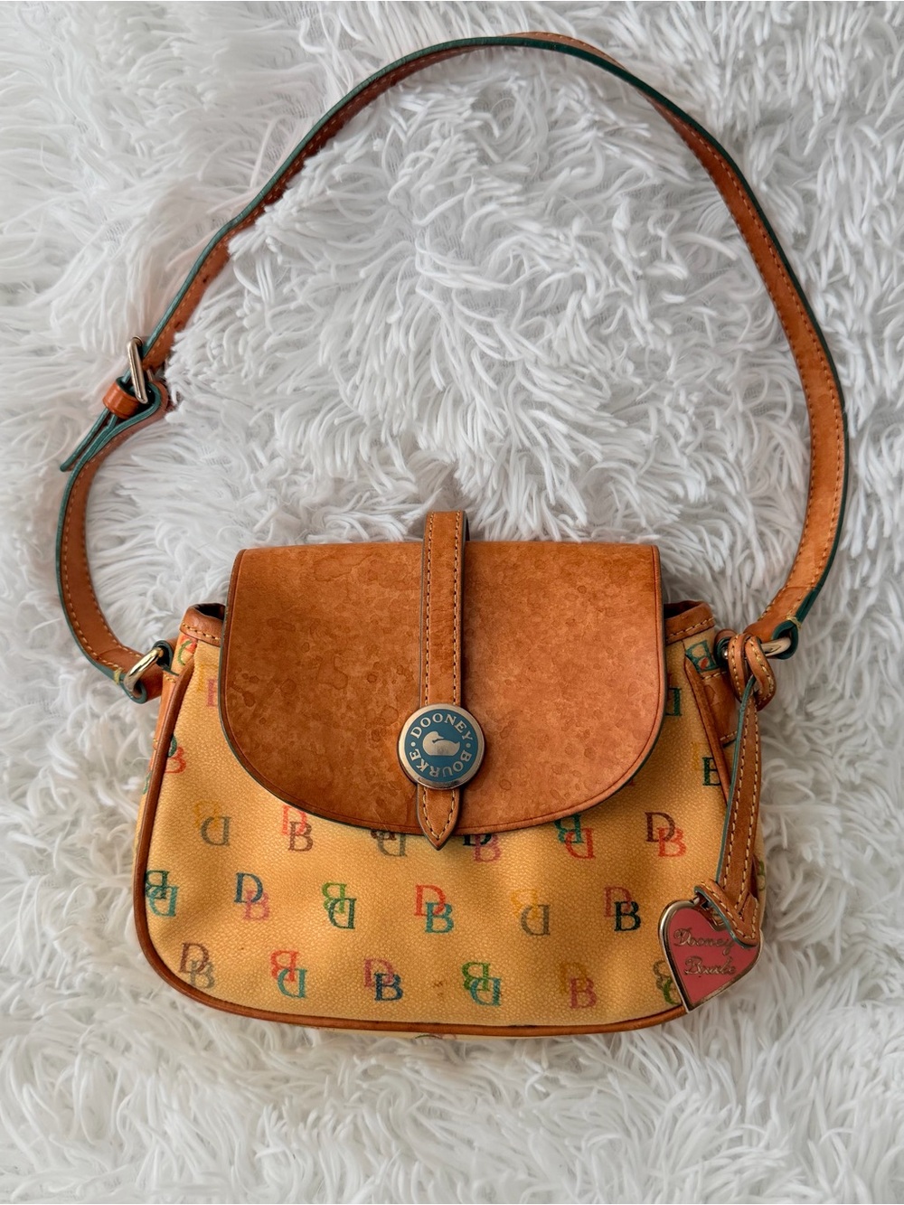 Vtg Dooney & Bourke Monogram Multi Color DB British Tan Crossbody Shoulder Bag